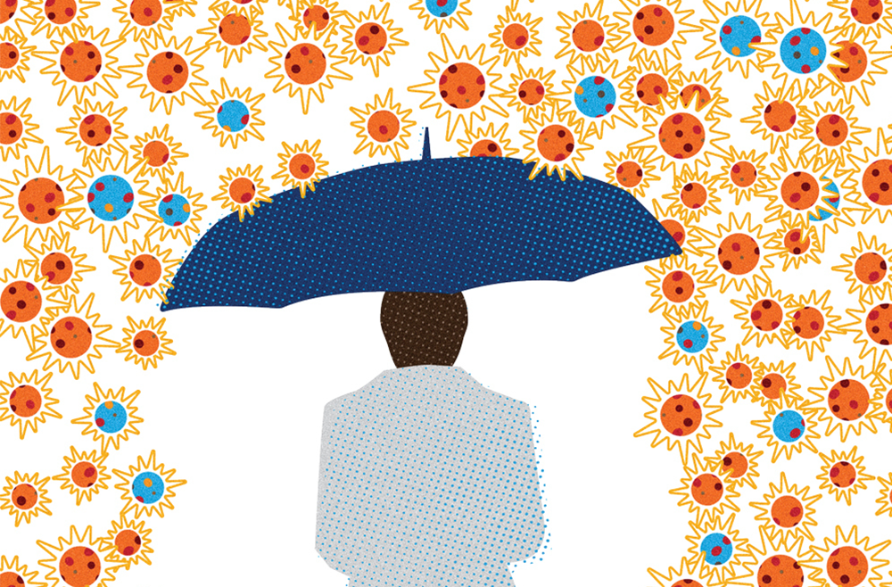 An image of a person in a white doctor’s coat holding an umbrella to protect themselves from a “storm” of red and blue cytokine molecules
